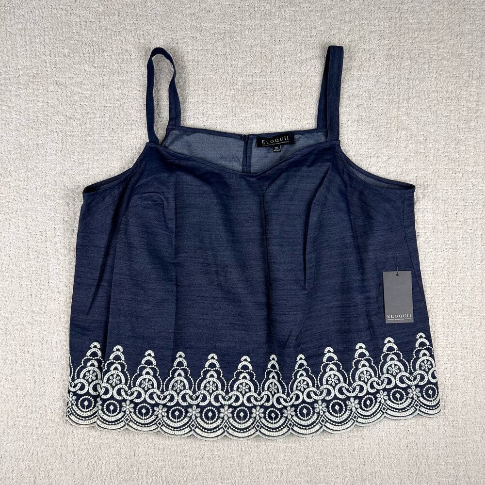 Eloquii Womens‎ Top Plus 18P Blue Dark Wash Denim Embroidered Chambray Tank Top